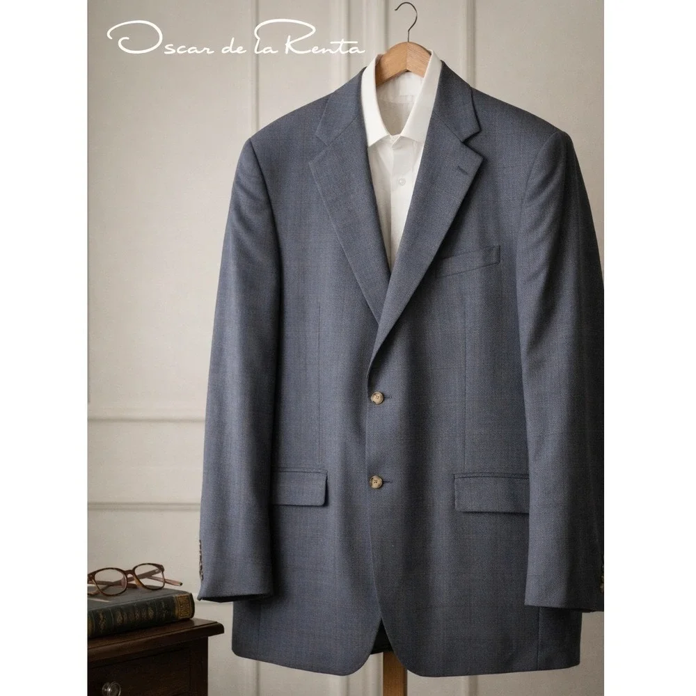 Oscar de la Renta Blue Silk Wool Windowpane Blazer 48L Linea 1 Sport Coat Preppy